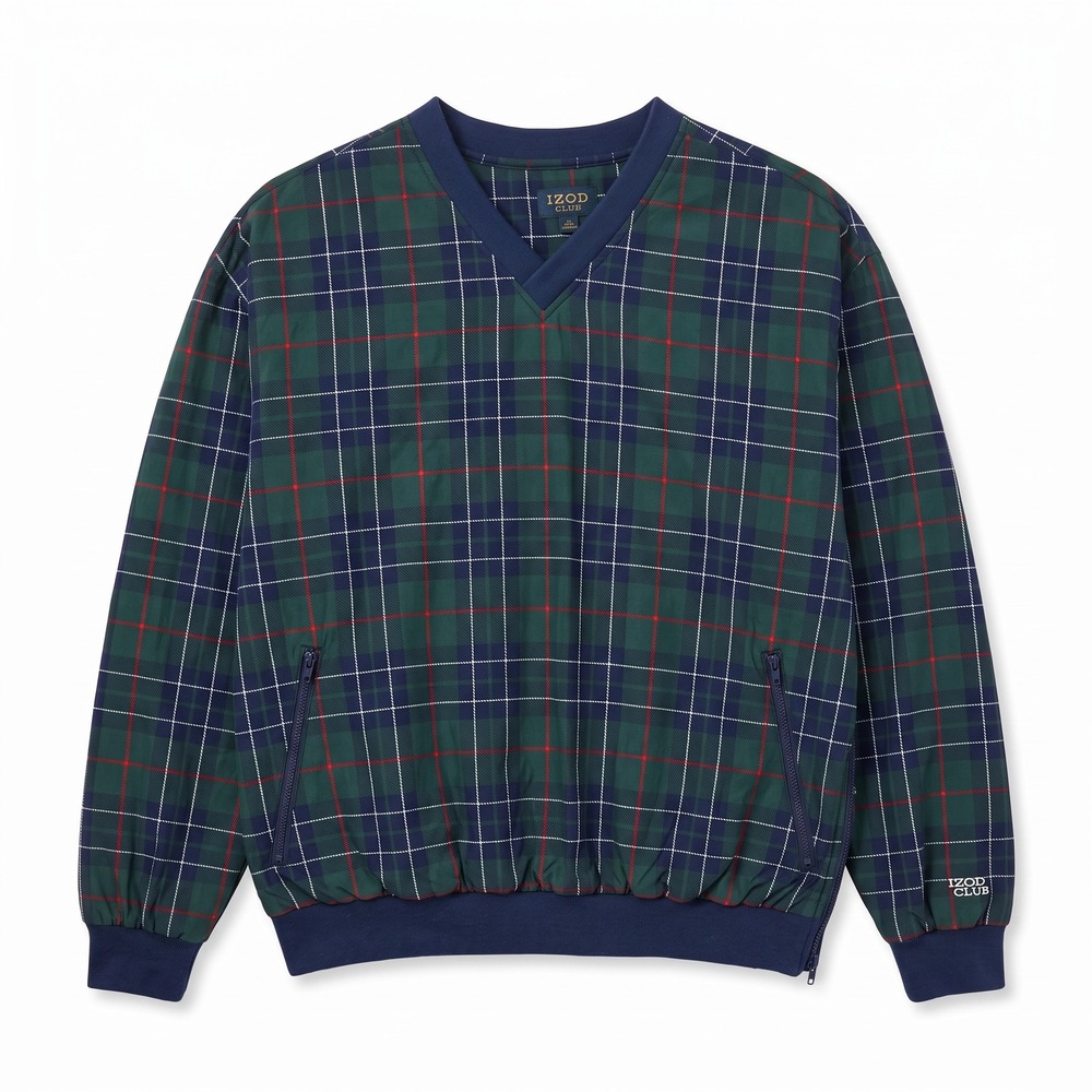 Izod Club Windbreaker Pullover Mens L Green Plaid V-Neck Side Zip Golf
